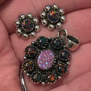 Sterling silver set of black and pink lab opal pendant and earrings